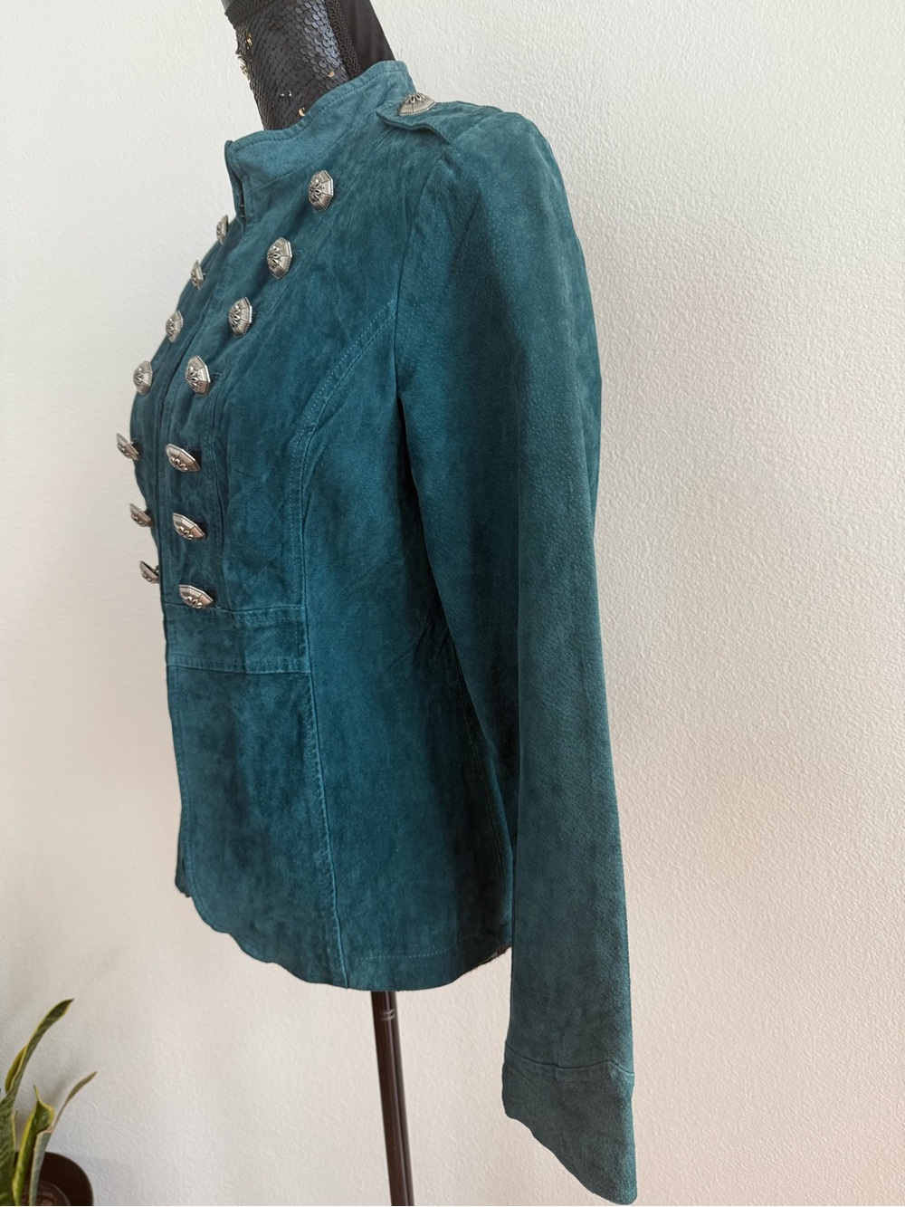 Dressbarn Vintage Teal 100% Leather Military-Style Jacket Size Small - Picture 3 of 7